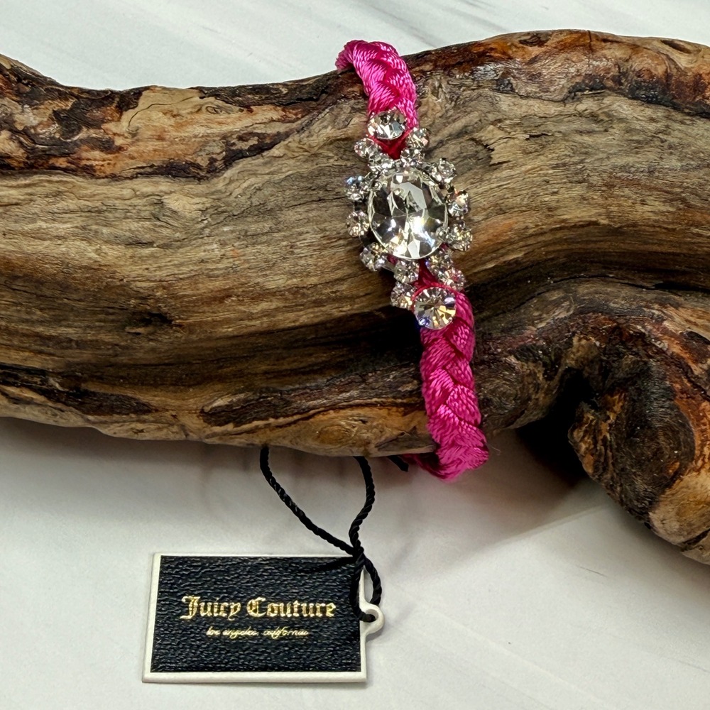 Juicy Couture Pink Braided Rope Bracelet Crystal Rhinestone Silver Crown NEW